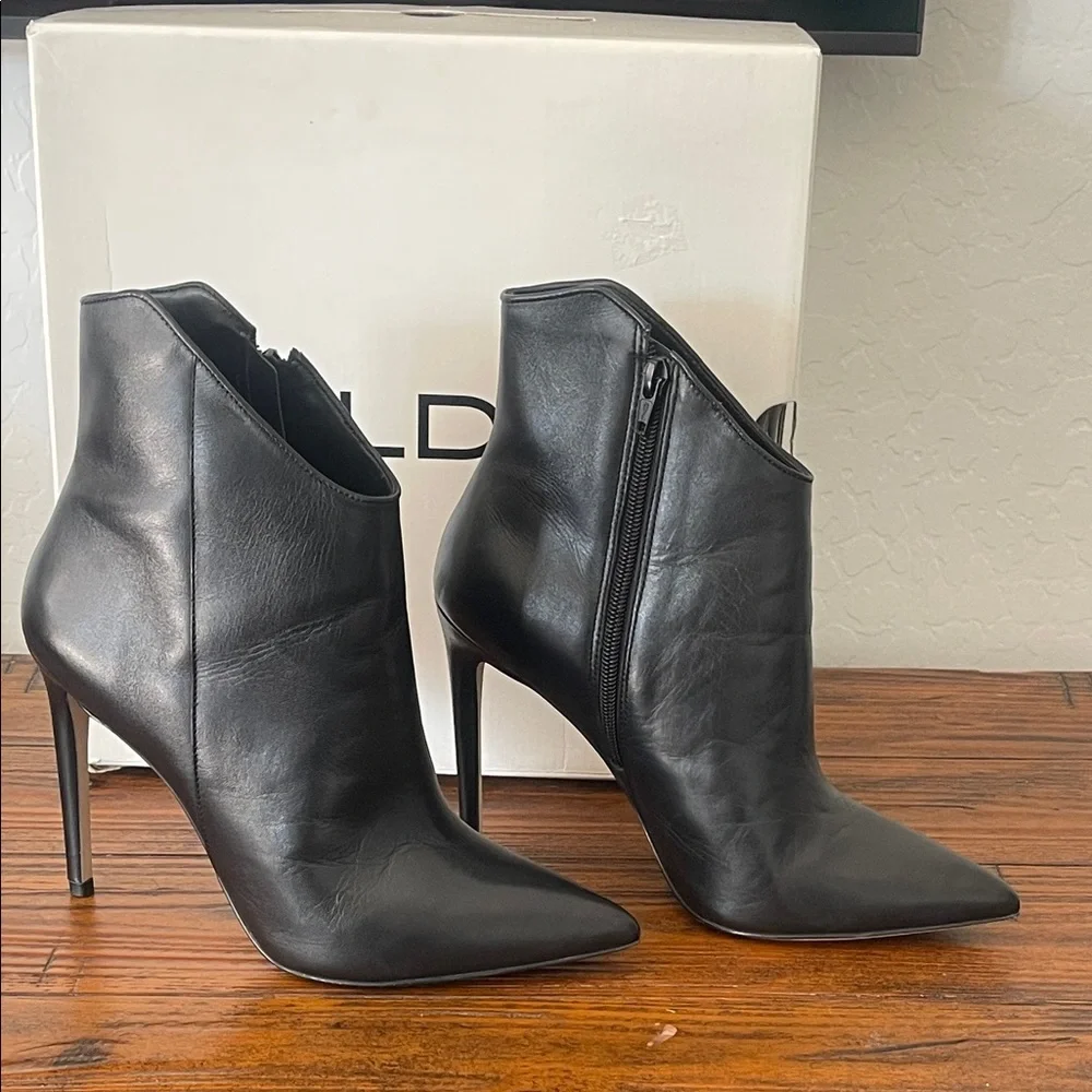 ALDO MYRONA BOOTS Black Leather Pointed Tor Side Zipper Stiletto Heel Size 8.5 - Picture 2 of 16